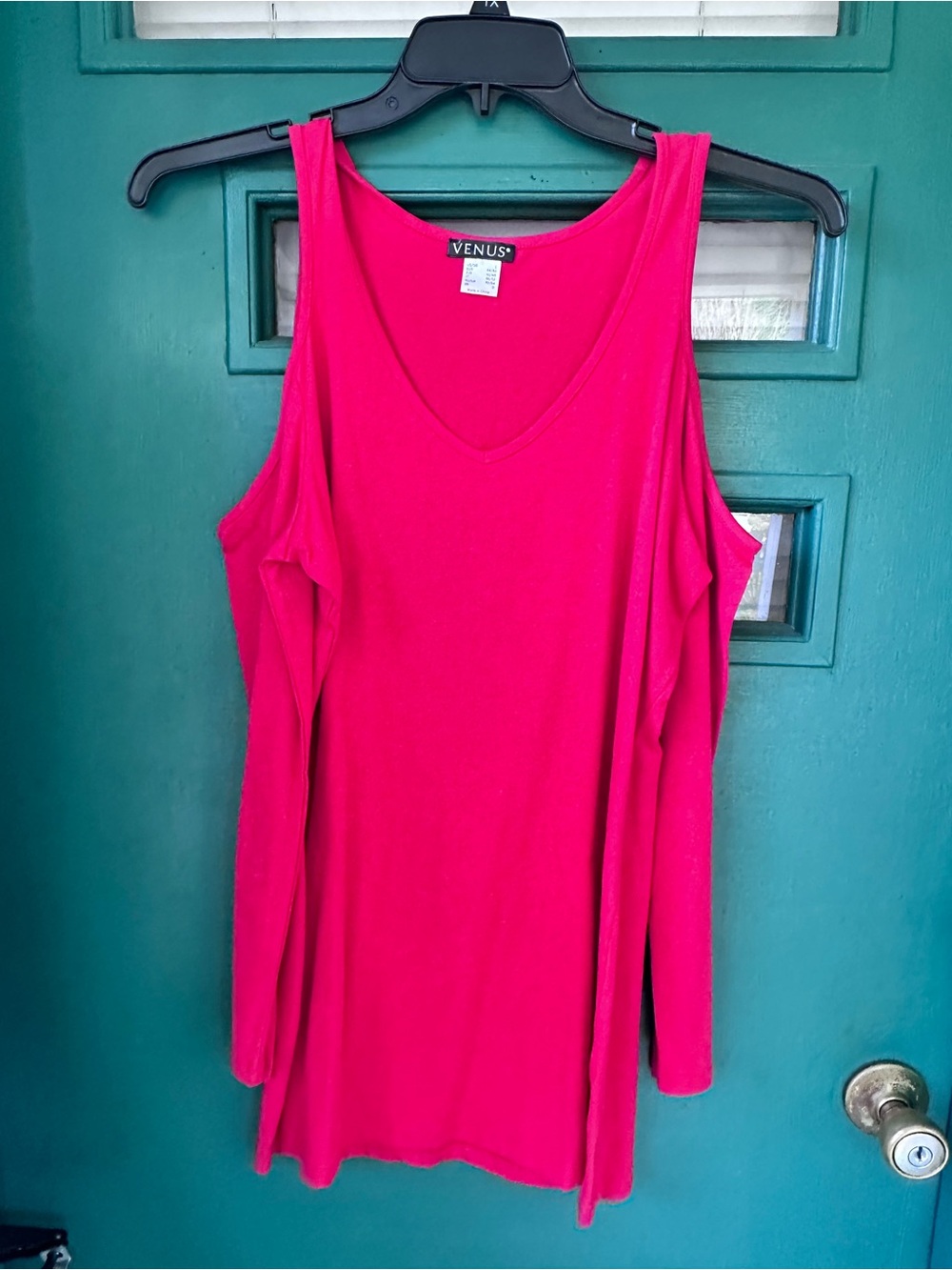 VENUS Bright Pink Cold-Shoulder V-Neck Long Sleeve Top